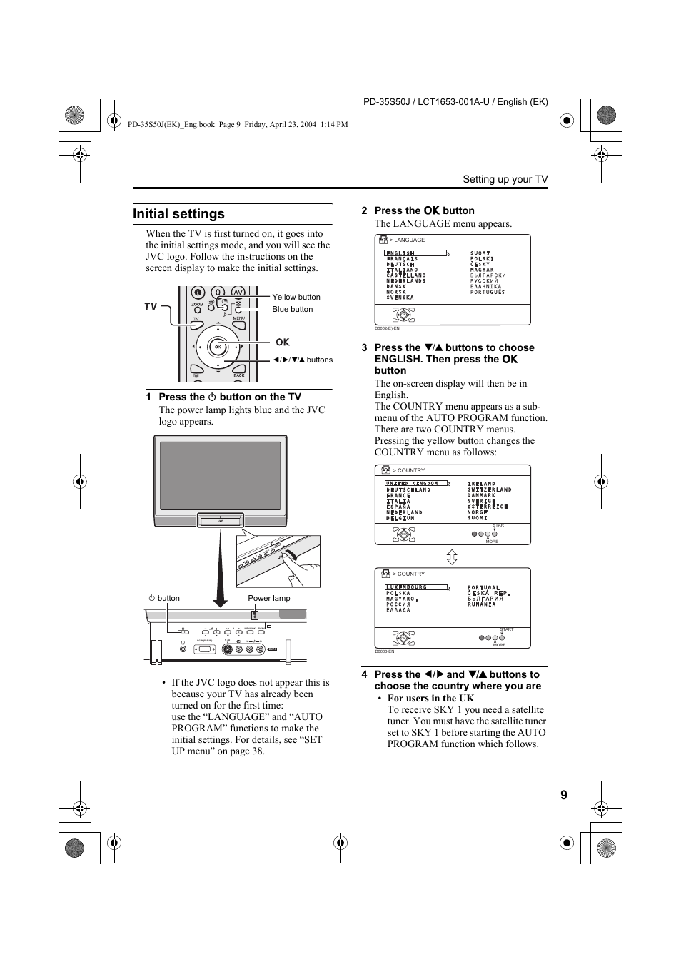 Initial settings, Setting up your tv, Pmenu/ok tv /av | JVC PD-35S50J User Manual | Page 11 / 57