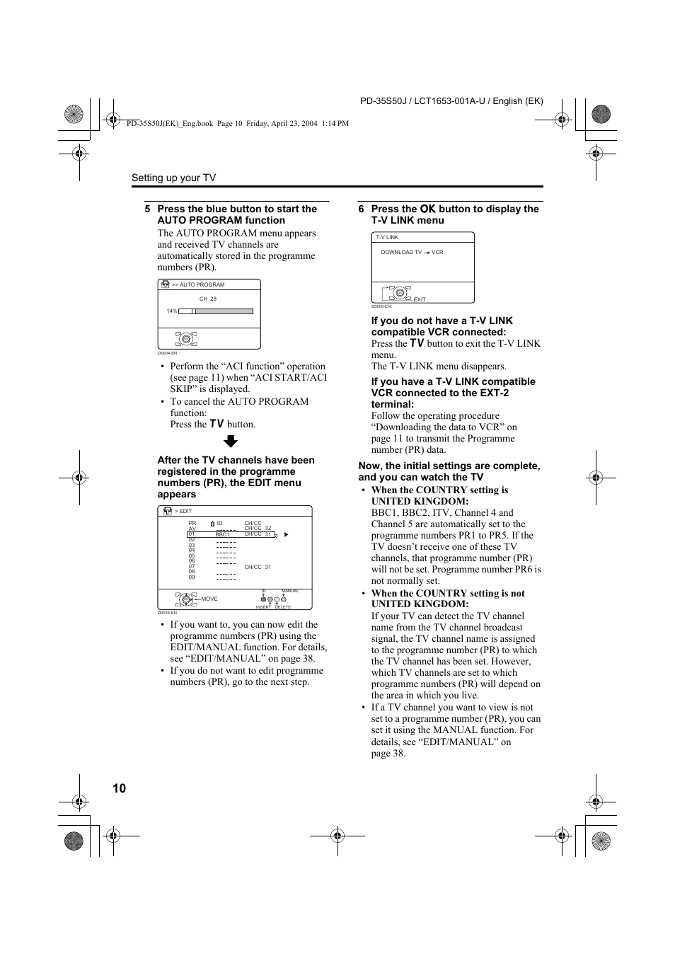 Setting up your tv | JVC PD-35S50J User Manual | Page 12 / 57