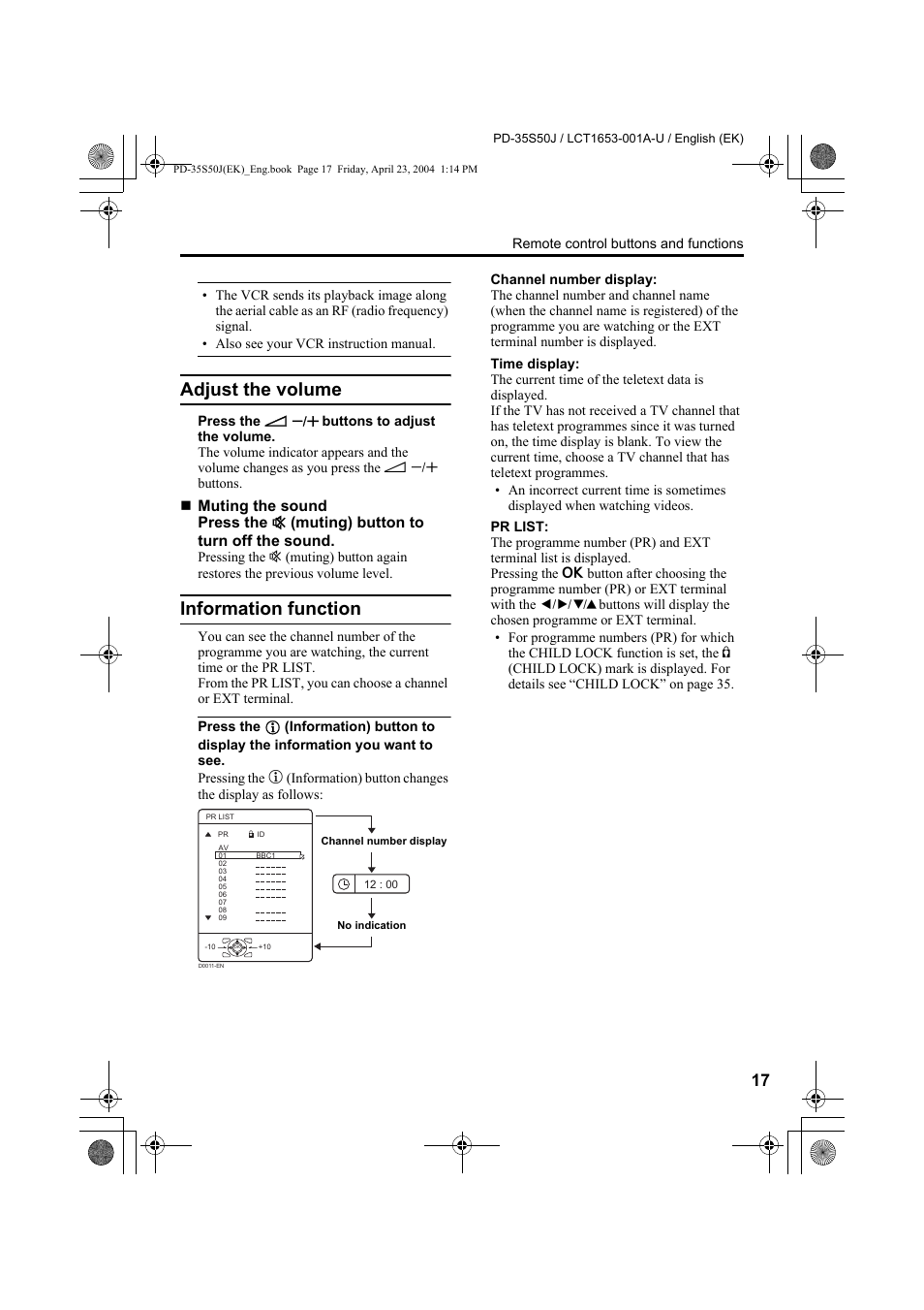 Adjust the volume, Information function, Adjust the volume information function | JVC PD-35S50J User Manual | Page 19 / 57