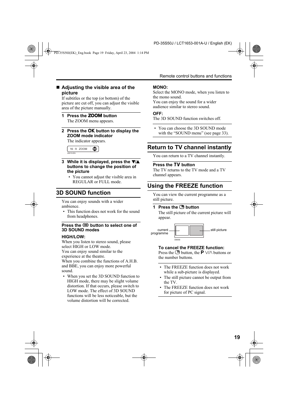 3d sound function, Return to tv channel instantly, Using the freeze function | JVC PD-35S50J User Manual | Page 21 / 57