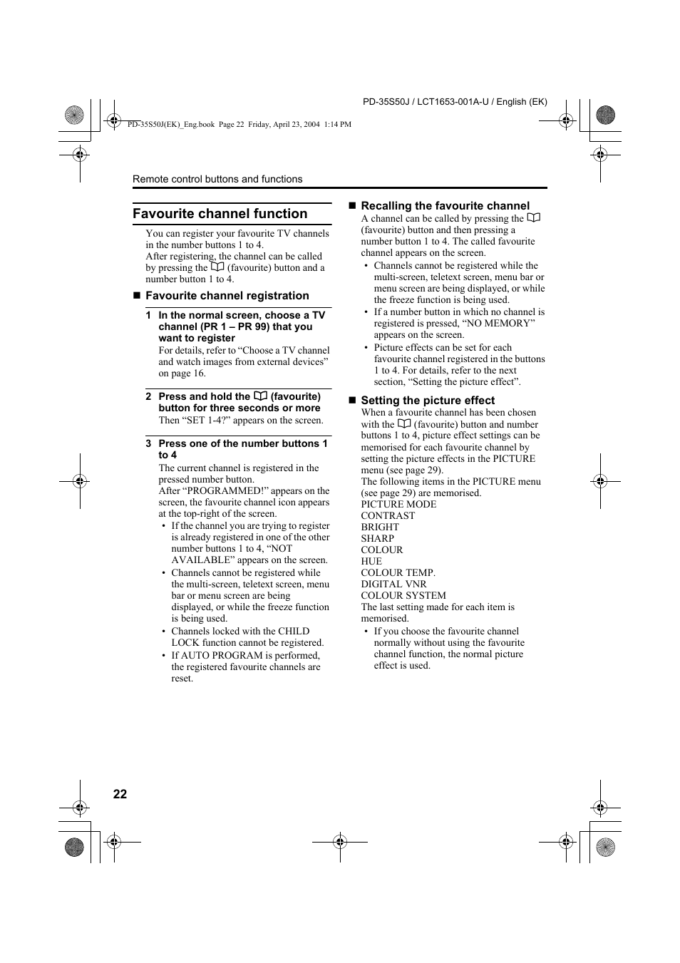 Favourite channel function | JVC PD-35S50J User Manual | Page 24 / 57