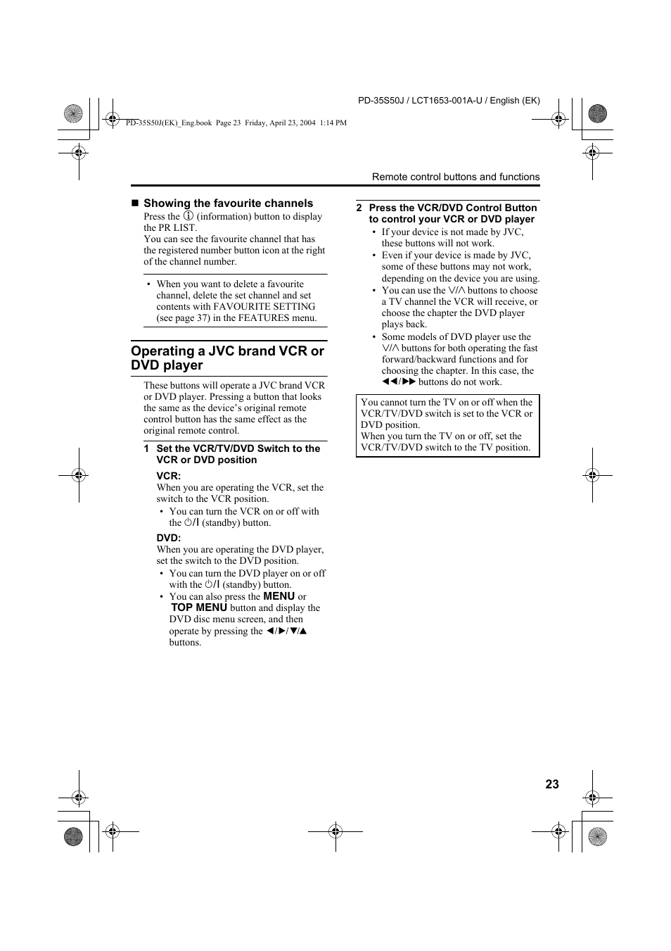 Operating a jvc brand vcr or dvd player, Operating a jvc brand vcr or dvd, Player | JVC PD-35S50J User Manual | Page 25 / 57