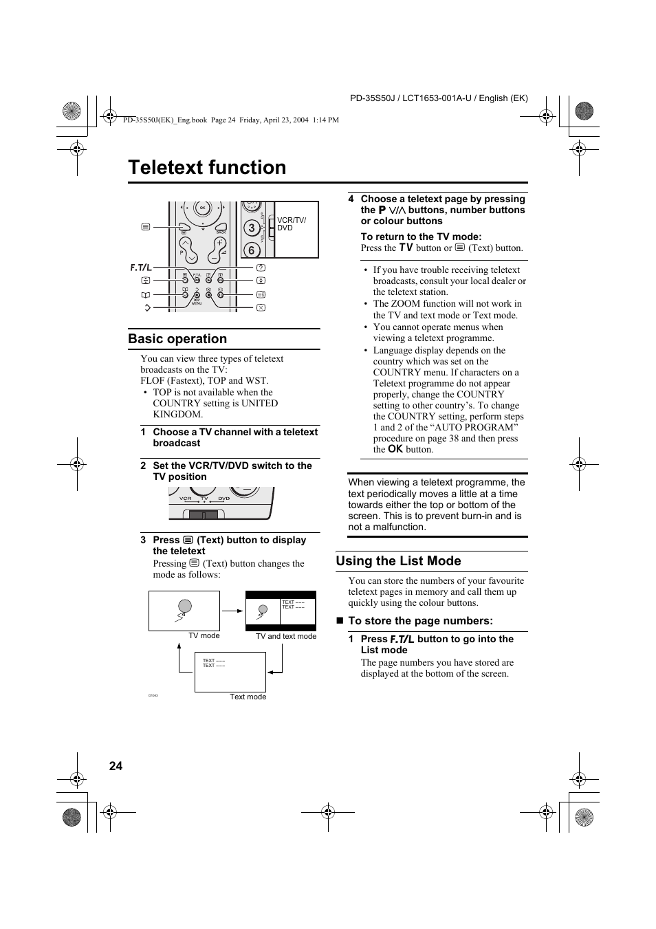 Teletext function, Basic operation, Using the list mode | Basic operation using the list mode | JVC PD-35S50J User Manual | Page 26 / 57
