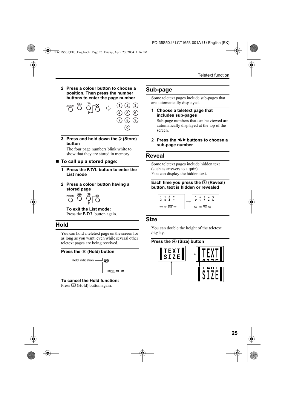 Hold, Reveal, Size | Sub-page | JVC PD-35S50J User Manual | Page 27 / 57