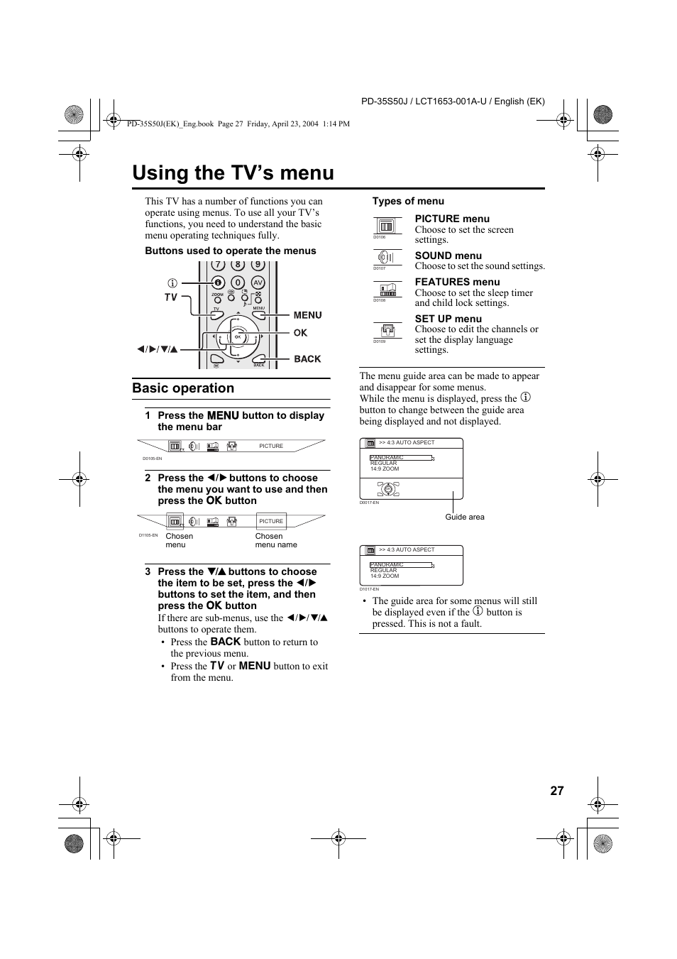 Using the tv’s menu, Basic operation, Refer to “using the tv’s menu | JVC PD-35S50J User Manual | Page 29 / 57