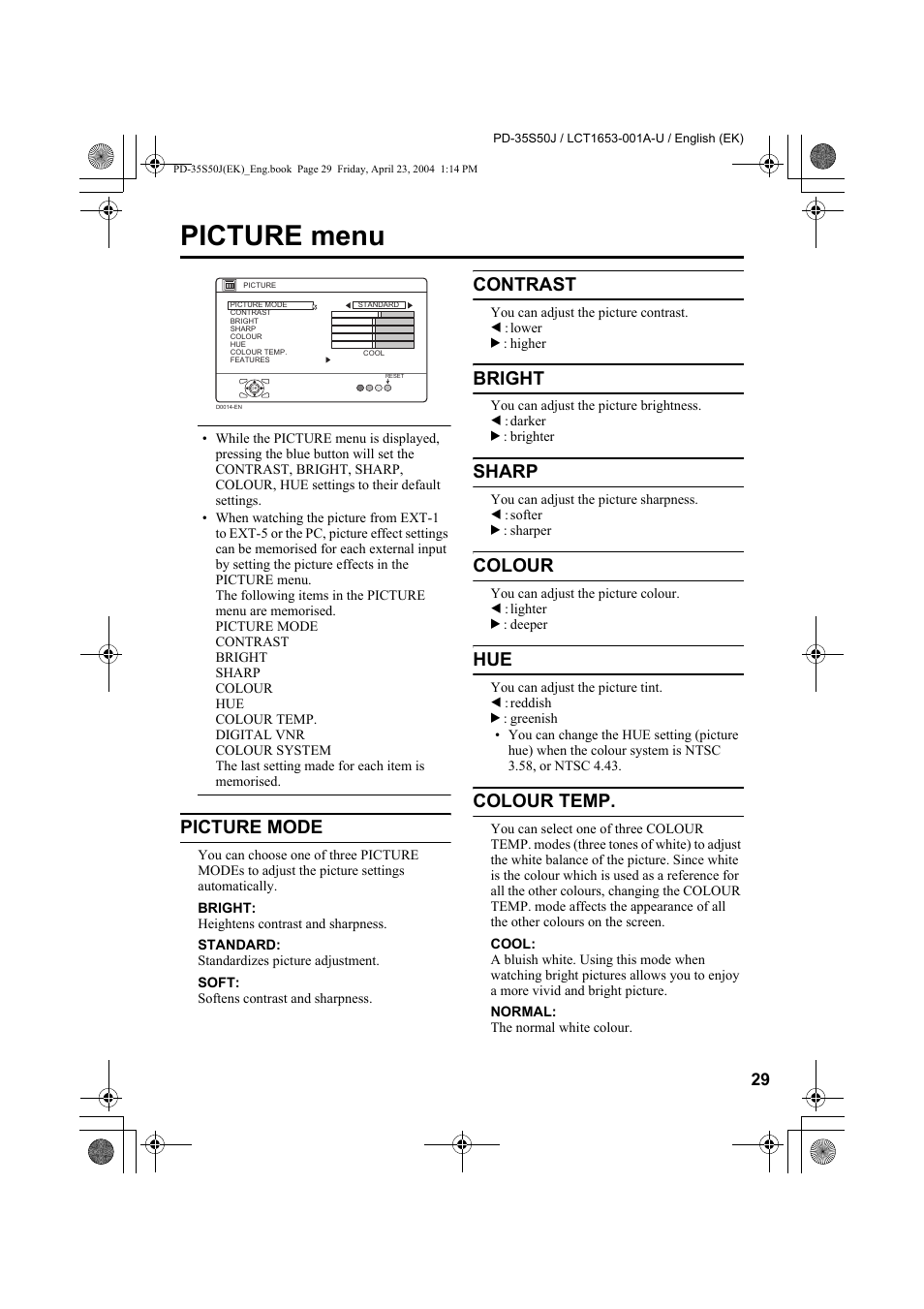 Picture menu, Picture mode, Contrast | Bright, Sharp, Colour, Colour temp | JVC PD-35S50J User Manual | Page 31 / 57