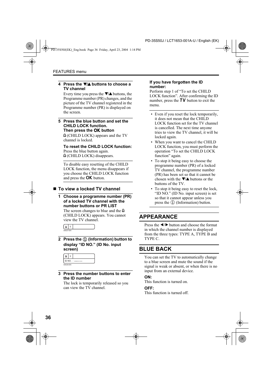 Appearance, Blue back, Appearance blue back | JVC PD-35S50J User Manual | Page 38 / 57