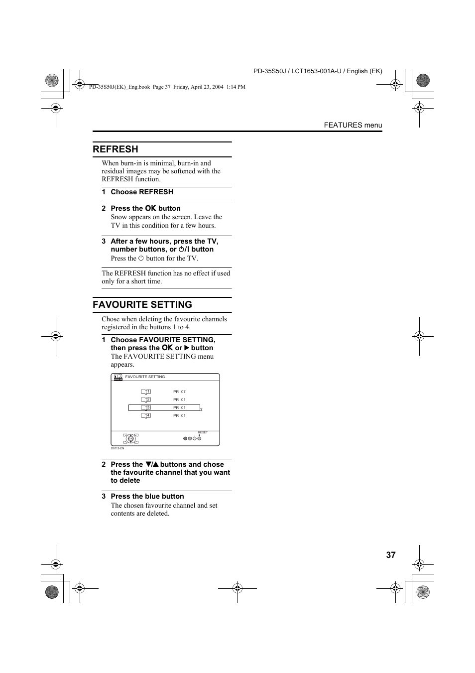 Refresh, Favourite setting, Refresh favourite setting | JVC PD-35S50J User Manual | Page 39 / 57