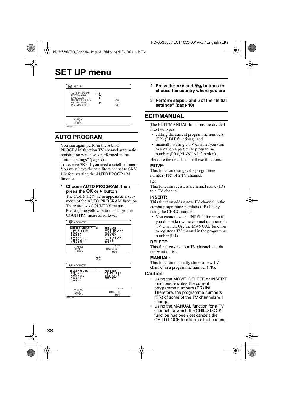 Set up menu, Auto program, Edit/manual | Auto program edit/manual, Edit | JVC PD-35S50J User Manual | Page 40 / 57