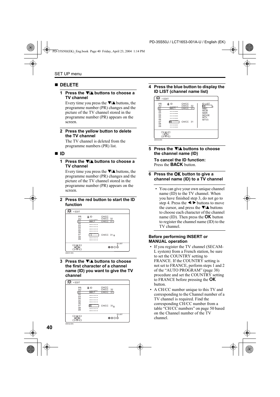 Delete, Set up menu | JVC PD-35S50J User Manual | Page 42 / 57