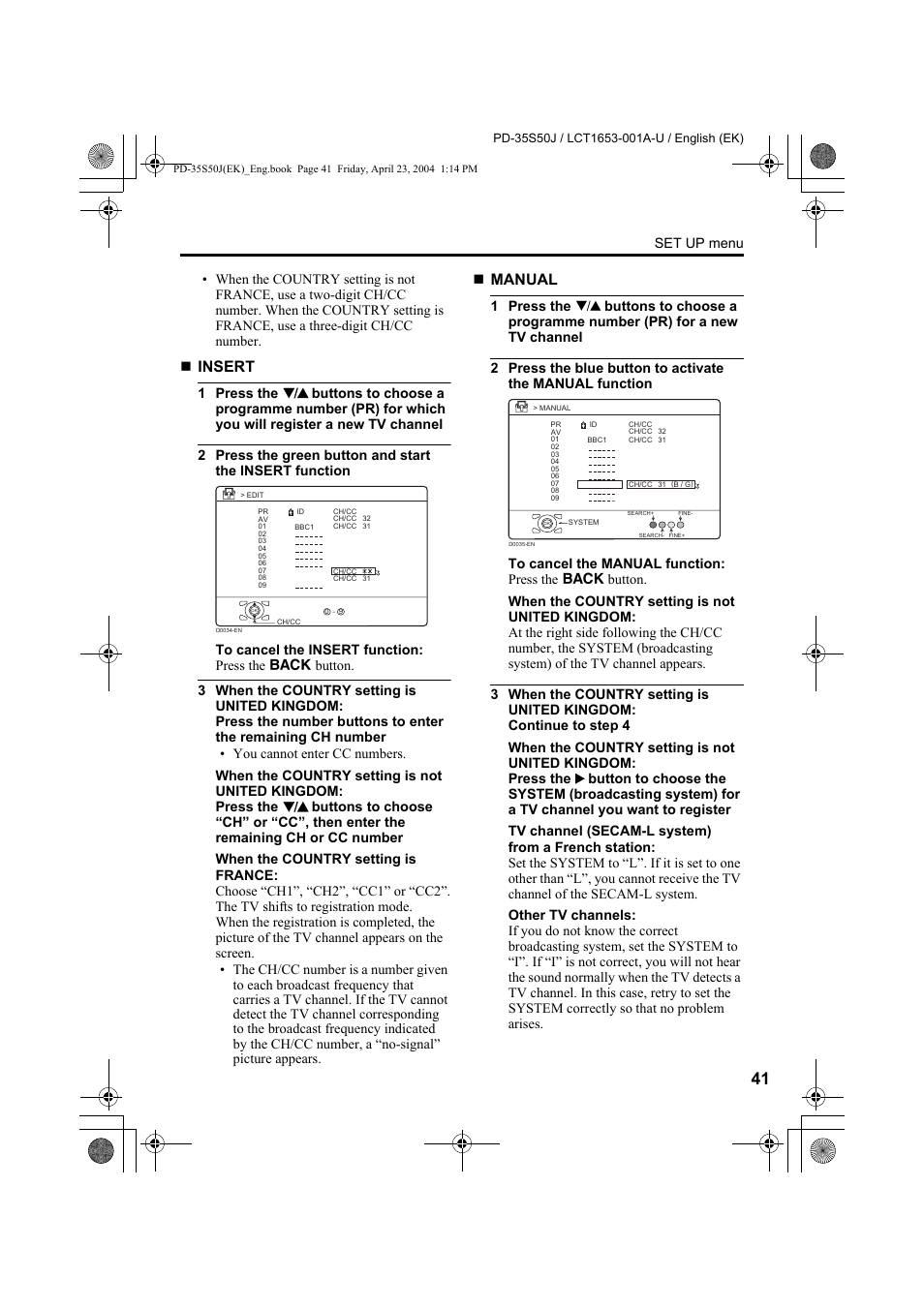 Insert, Manual, Set up menu | JVC PD-35S50J User Manual | Page 43 / 57