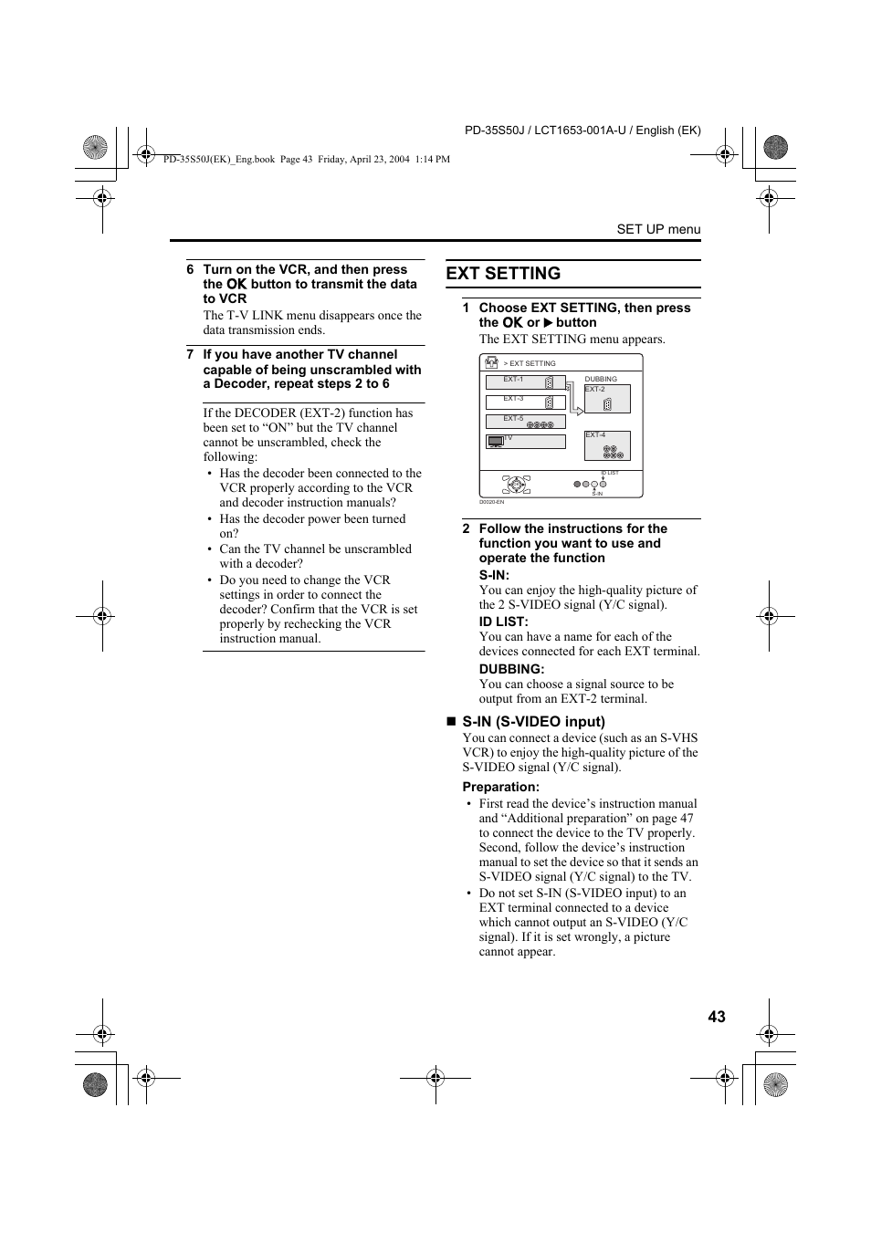 Ext setting, For details, see “s-in (s | JVC PD-35S50J User Manual | Page 45 / 57