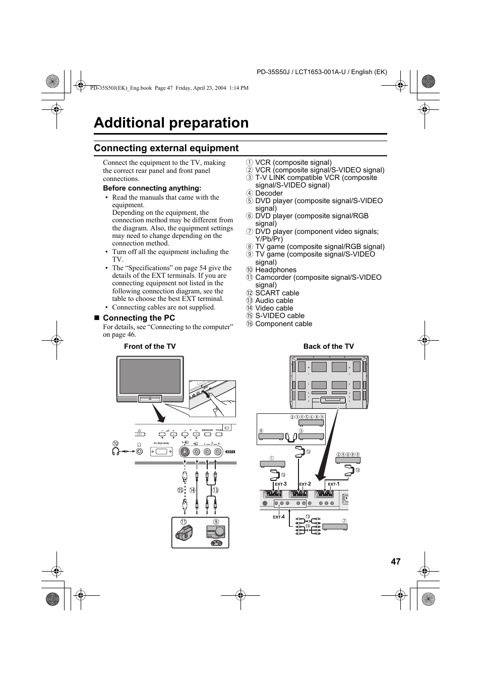 Additional preparation, Connecting external equipment | JVC PD-35S50J User Manual | Page 49 / 57