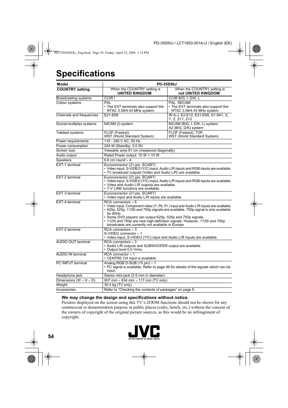 Specifications | JVC PD-35S50J User Manual | Page 56 / 57