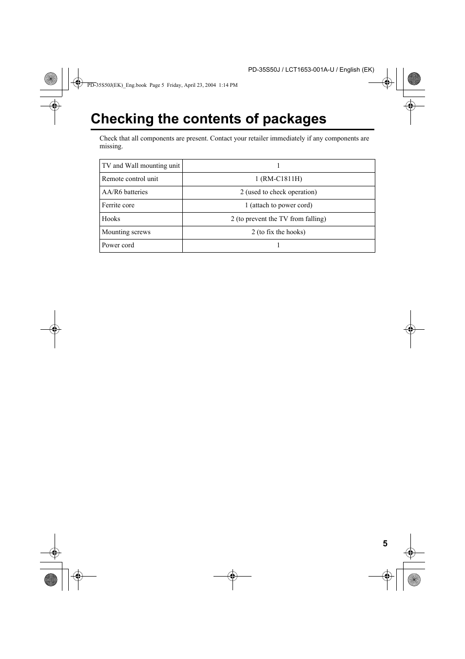 Checking the contents of packages | JVC PD-35S50J User Manual | Page 7 / 57