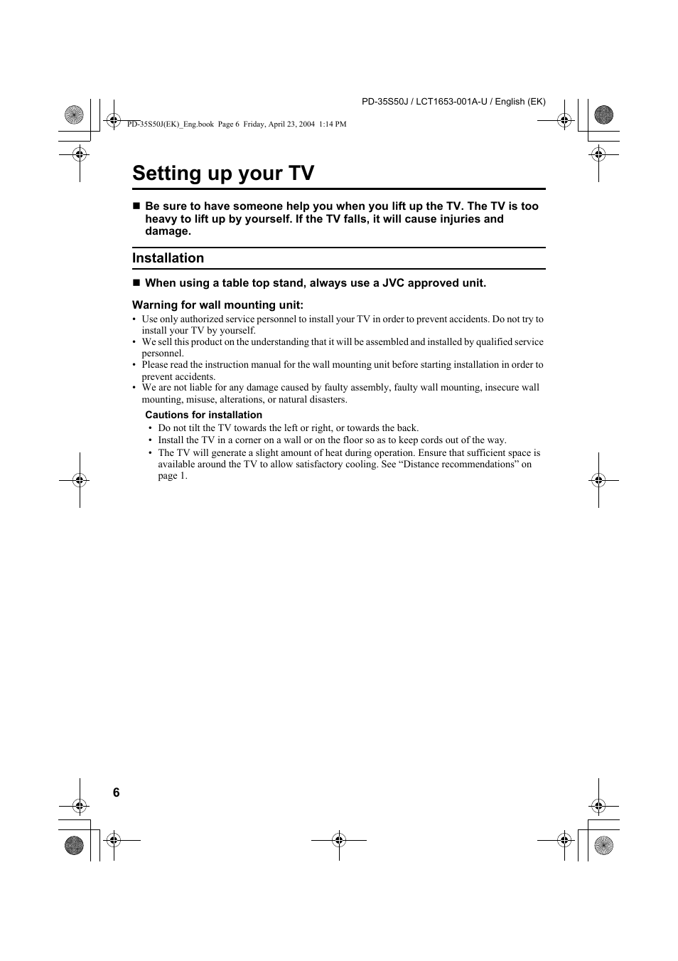 Setting up your tv, Installation | JVC PD-35S50J User Manual | Page 8 / 57