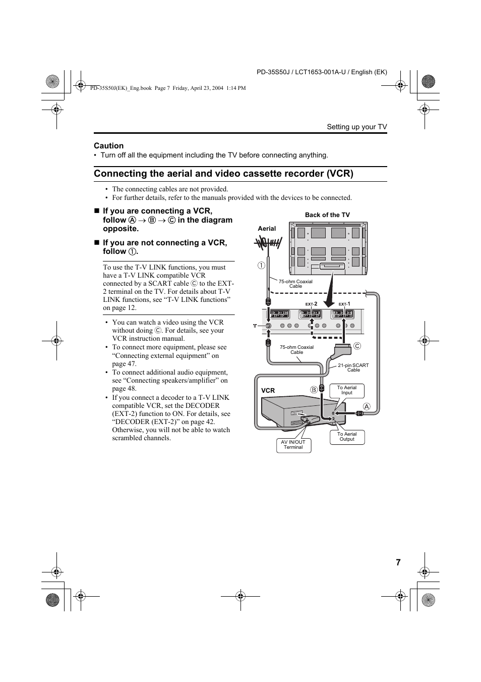 Connecting the aerial and video cassette, Recorder (vcr) | JVC PD-35S50J User Manual | Page 9 / 57