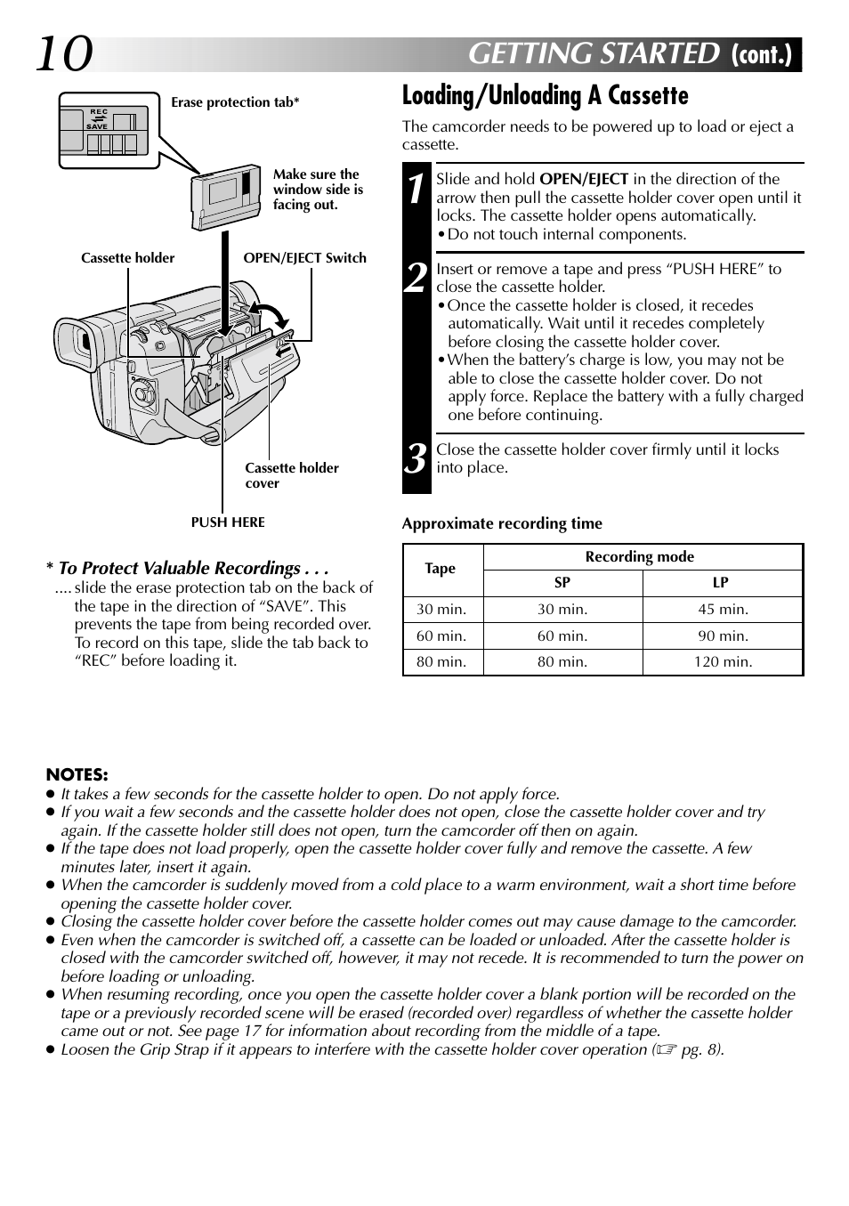 Getting started, Loading/unloading a cassette, Cont.) | JVC Digital Video Camera GR-DVL105 User Manual | Page 10 / 72