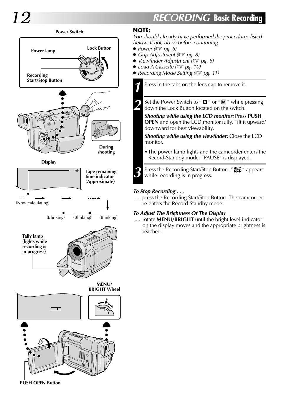 Recording, Basic recording | JVC Digital Video Camera GR-DVL105 User Manual | Page 12 / 72