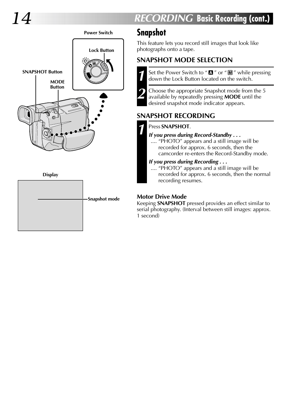 Recording, Basic recording (cont.) snapshot | JVC Digital Video Camera GR-DVL105 User Manual | Page 14 / 72