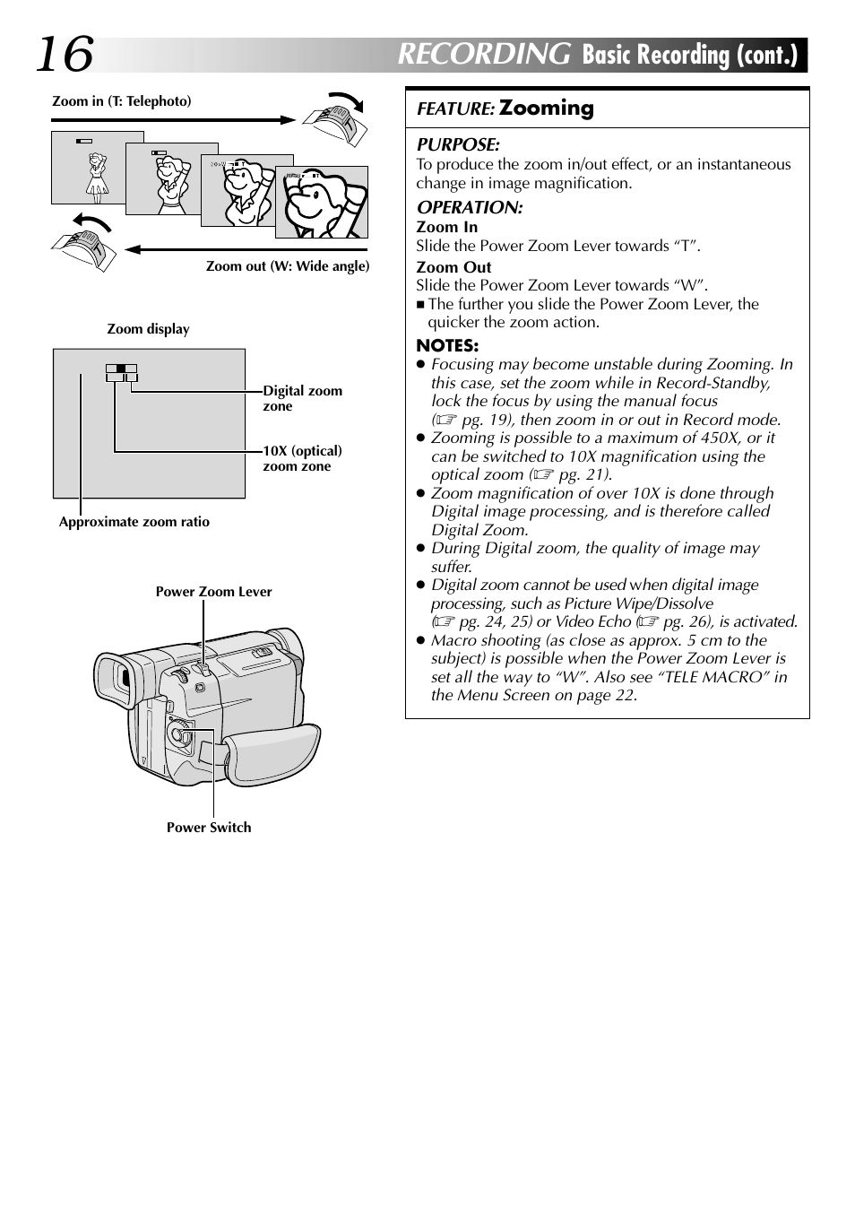 Recording, Basic recording (cont.), Zooming | JVC Digital Video Camera GR-DVL105 User Manual | Page 16 / 72