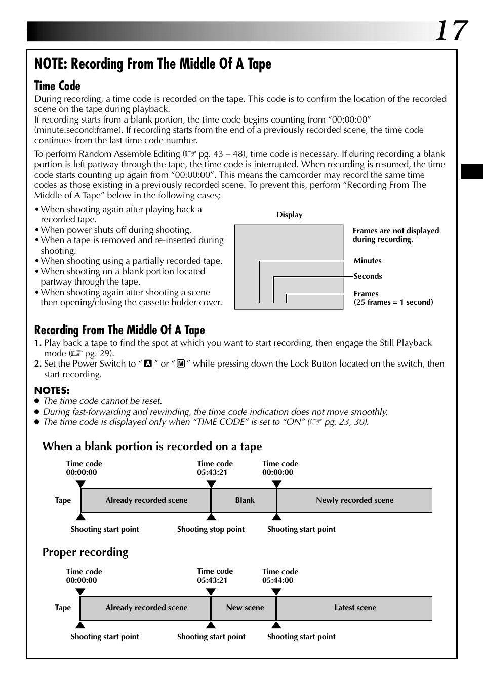 Time code, Recording from the middle of a tape, When a blank portion is recorded on a tape | Proper recording | JVC Digital Video Camera GR-DVL105 User Manual | Page 17 / 72