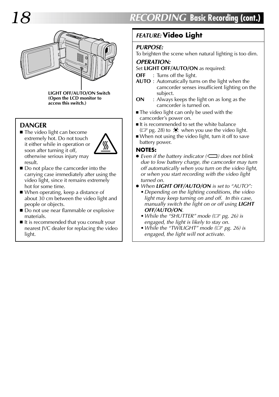 Recording, Basic recording (cont.) | JVC Digital Video Camera GR-DVL105 User Manual | Page 18 / 72