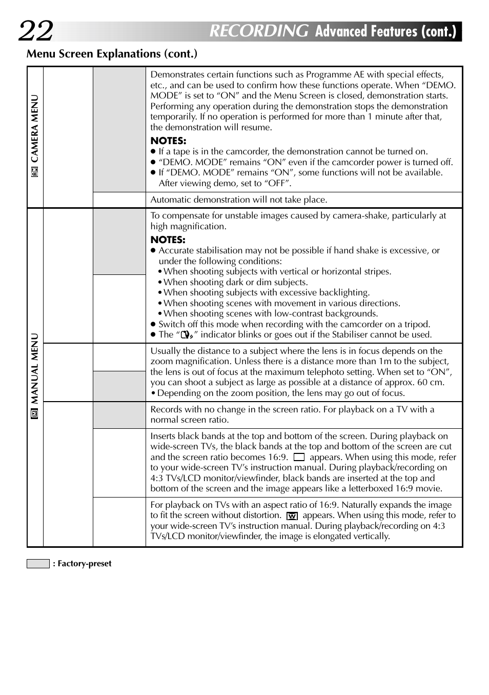 Recording, Advanced features (cont.) | JVC Digital Video Camera GR-DVL105 User Manual | Page 22 / 72