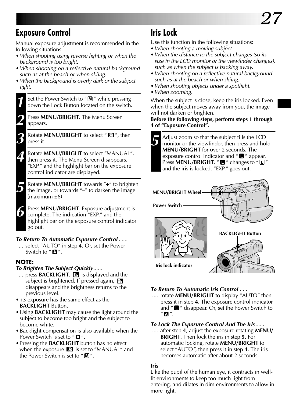 Exposure control, Iris lock | JVC Digital Video Camera GR-DVL105 User Manual | Page 27 / 72