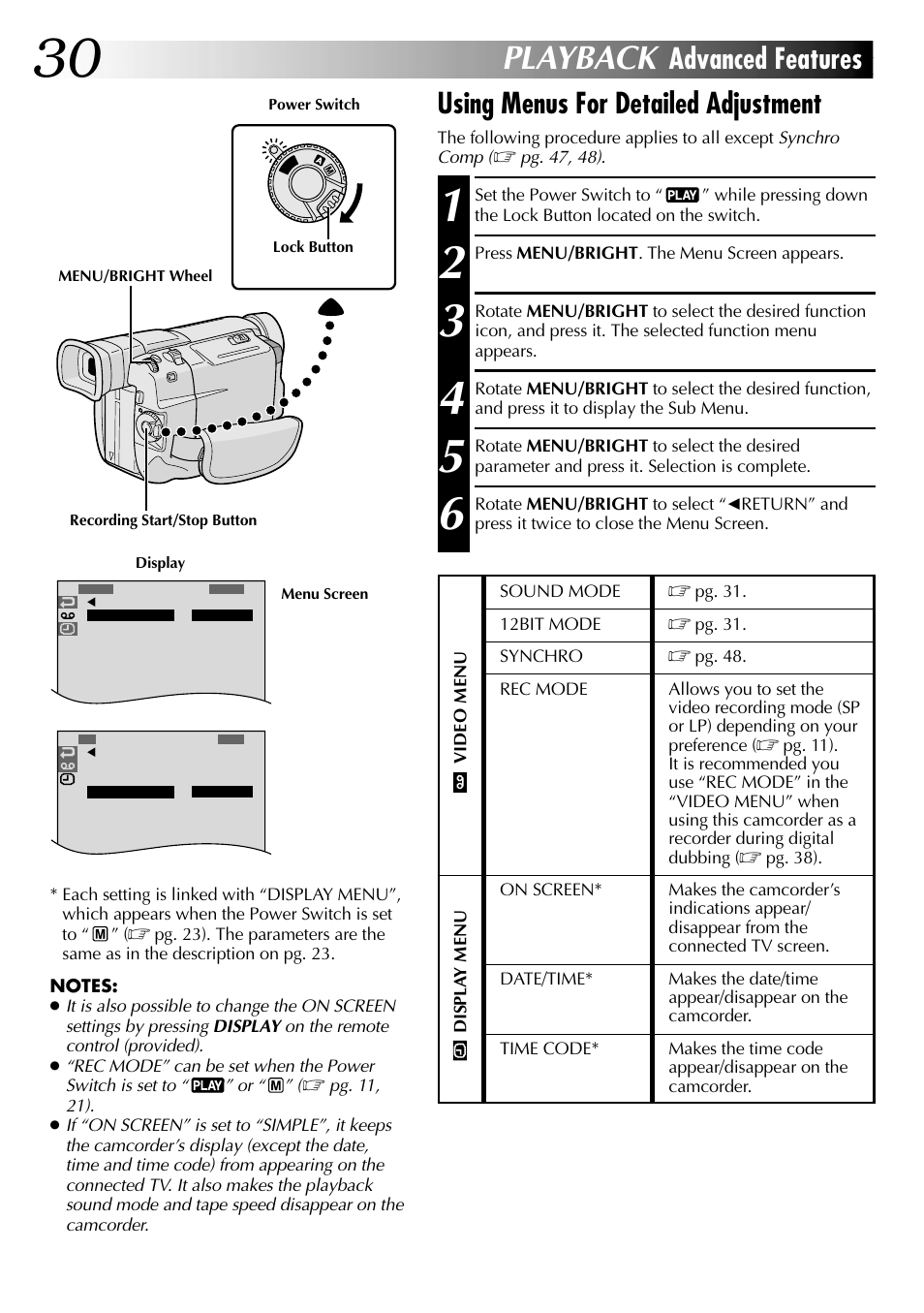 Playback, Advanced features, Using menus for detailed adjustment | JVC Digital Video Camera GR-DVL105 User Manual | Page 30 / 72