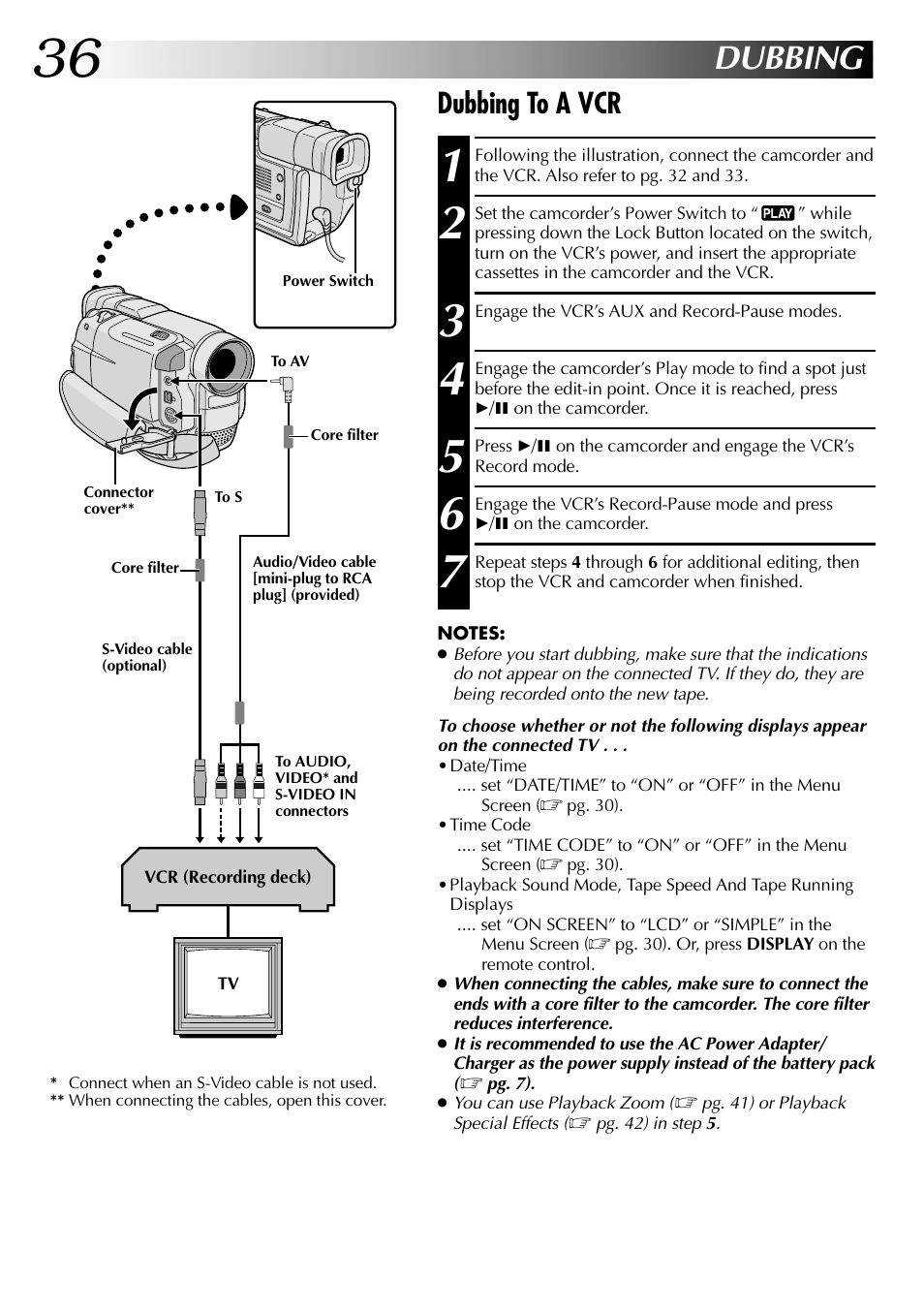 Dubbing, Dubbing to a vcr | JVC Digital Video Camera GR-DVL105 User Manual | Page 36 / 72