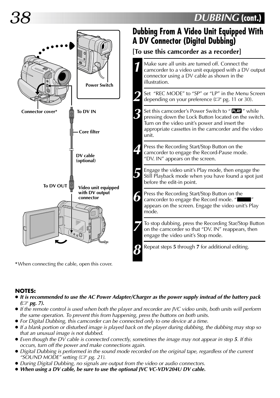 Dubbing, Cont.) | JVC Digital Video Camera GR-DVL105 User Manual | Page 38 / 72
