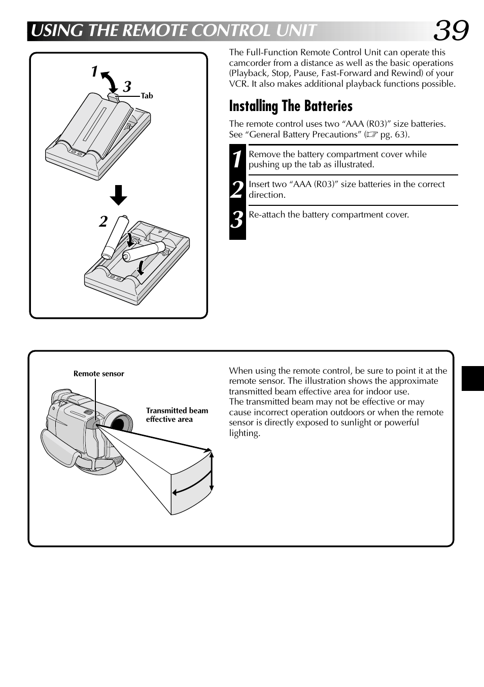 Using the remote control unit, Installing the batteries | JVC Digital Video Camera GR-DVL105 User Manual | Page 39 / 72