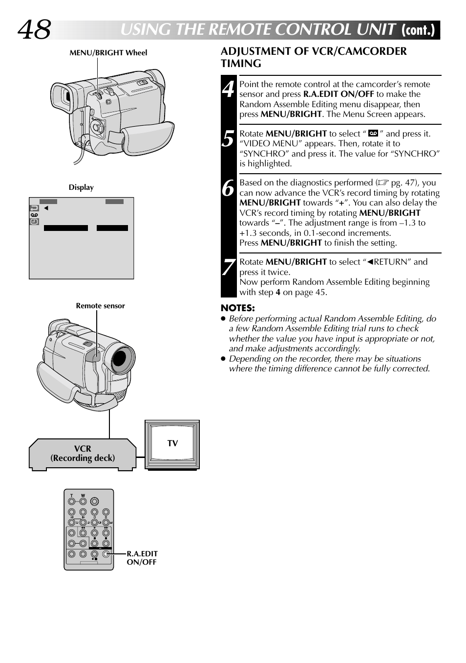 Using the remote control unit, Cont.), Adjustment of vcr/camcorder timing | JVC Digital Video Camera GR-DVL105 User Manual | Page 48 / 72