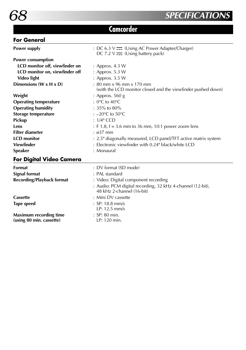Specifications, Camcorder | JVC Digital Video Camera GR-DVL105 User Manual | Page 68 / 72