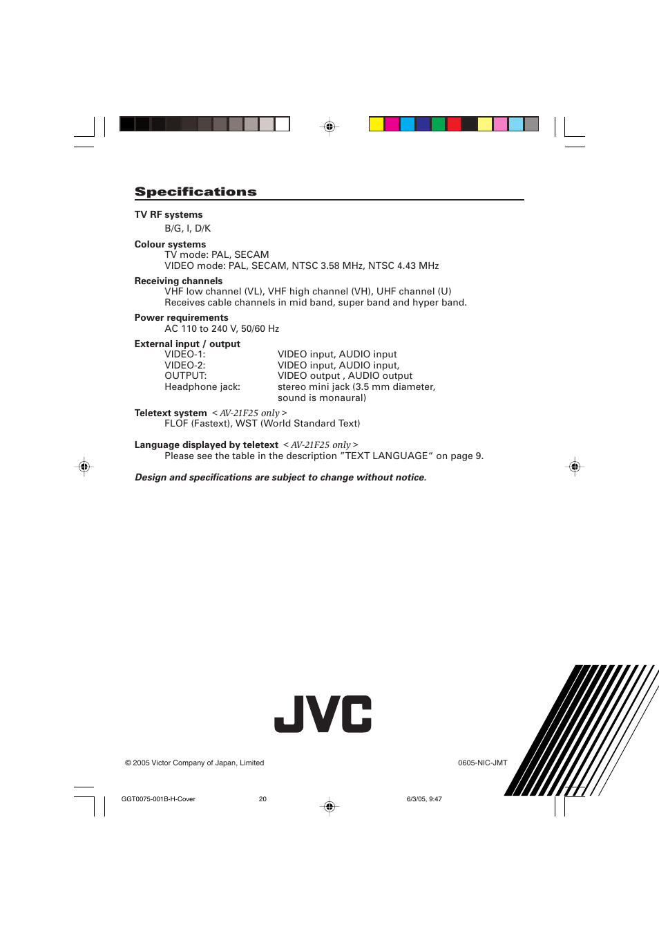 Specifications | JVC AV-14A15 User Manual | Page 16 / 16
