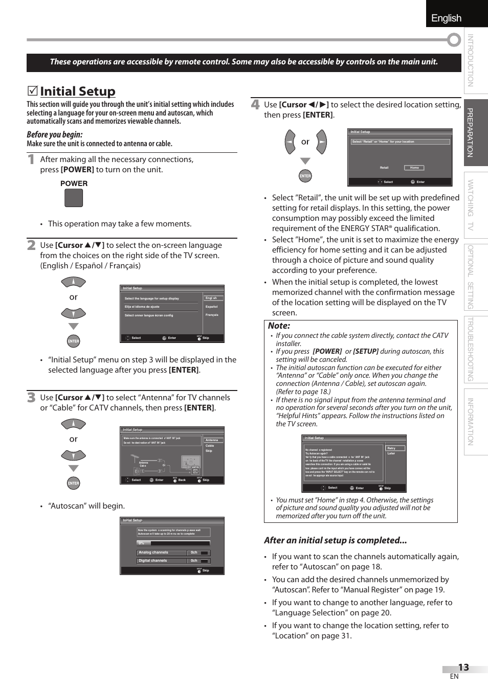 English, 5 initial setup, Before you begin | After an initial setup is completed, Autoscan” will begin | JVC A91F5UH User Manual | Page 13 / 40