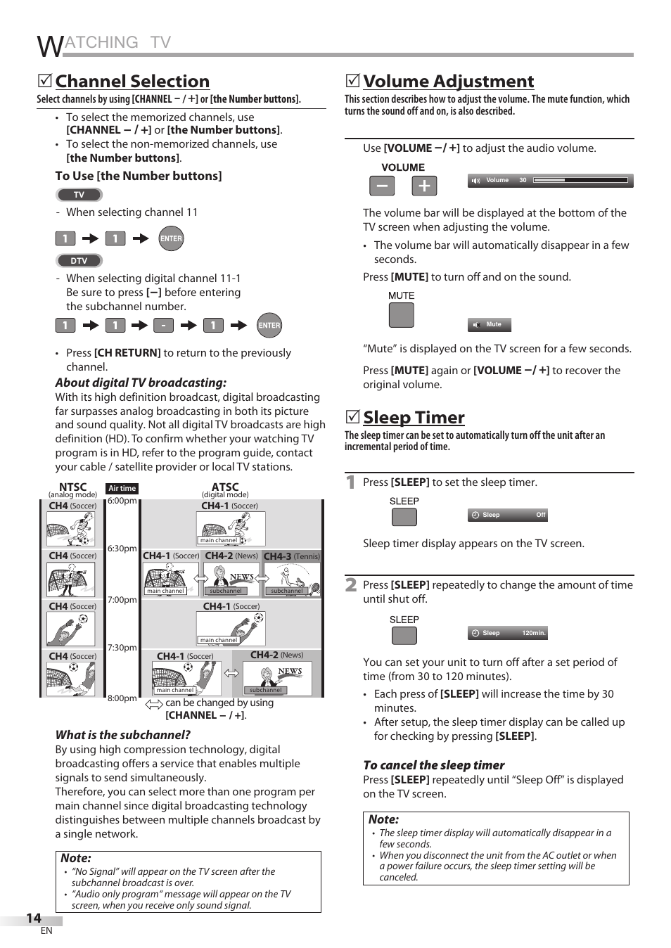 Watching tv, Atching tv, 5 channel selection | 5 volume adjustment, 5 sleep timer | JVC A91F5UH User Manual | Page 14 / 40