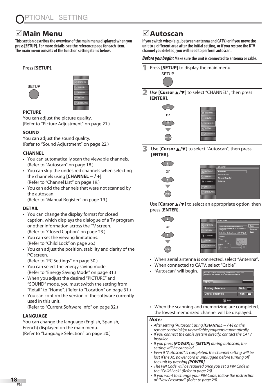 Optional setting, Ptional setting, 5 main menu | 5 autoscan, Before you begin | JVC A91F5UH User Manual | Page 18 / 40