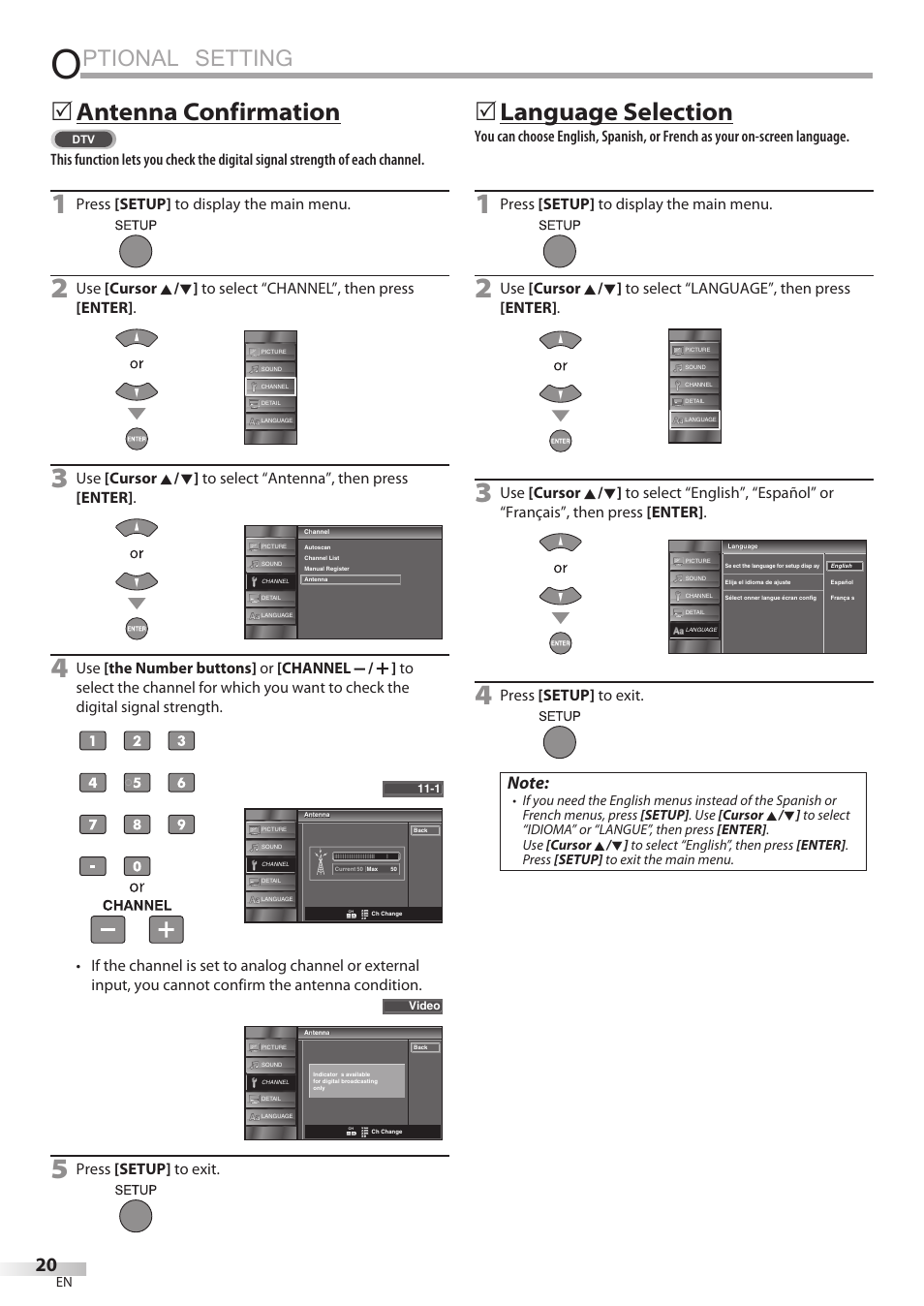 Ptional setting, 5 antenna confirmation, 5 language selection | Press [setup] to display the main menu, Press [setup] to exit | JVC A91F5UH User Manual | Page 20 / 40