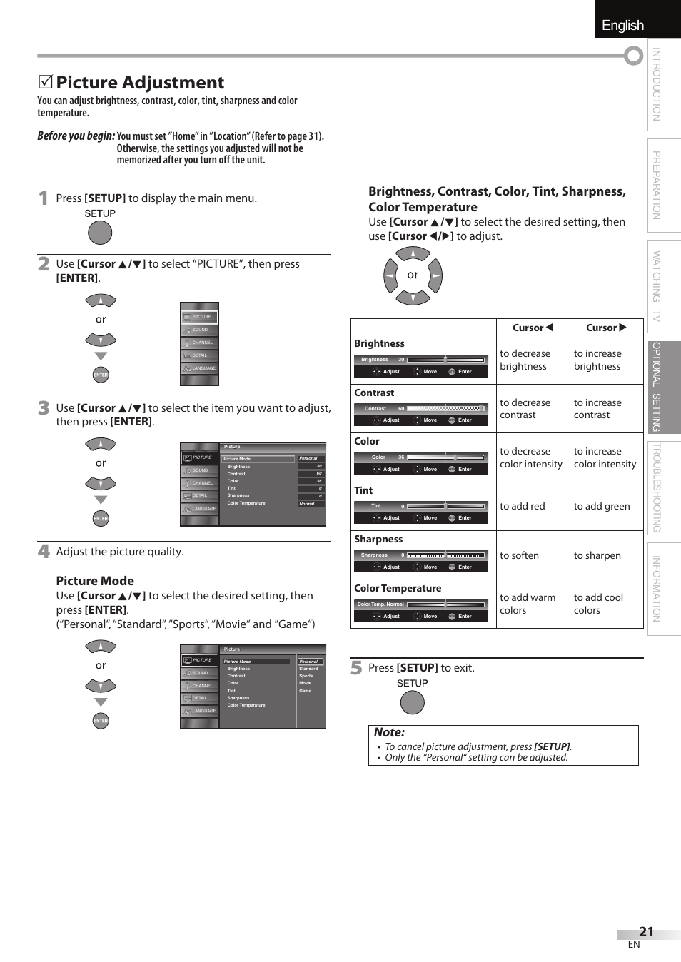 English, 5 picture adjustment, Before you begin | Picture mode, Press [setup] to display the main menu, Adjust the picture quality, Press [setup] to exit | JVC A91F5UH User Manual | Page 21 / 40
