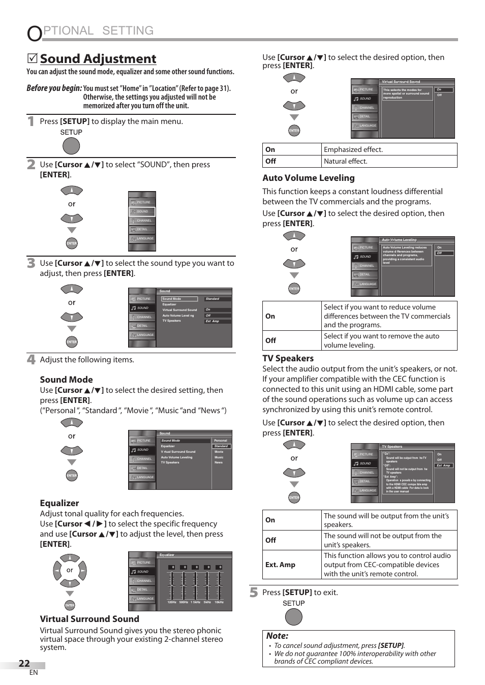 Ptional setting, 5 sound adjustment, Before you begin | Sound mode, Equalizer, Virtual surround sound, Auto volume leveling, Tv speakers, Press [setup] to display the main menu, Adjust the following items | JVC A91F5UH User Manual | Page 22 / 40