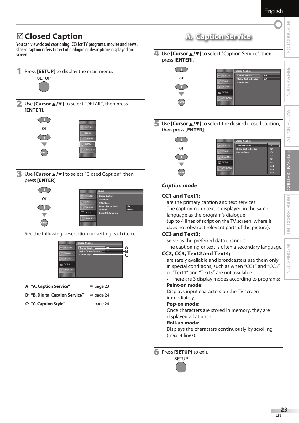 English, 5 closed caption, A. caption service | Caption mode cc1 and text1, Cc3 and text3, Cc2, cc4, text2 and text4, Press [setup] to display the main menu, Press [setup] to exit | JVC A91F5UH User Manual | Page 23 / 40