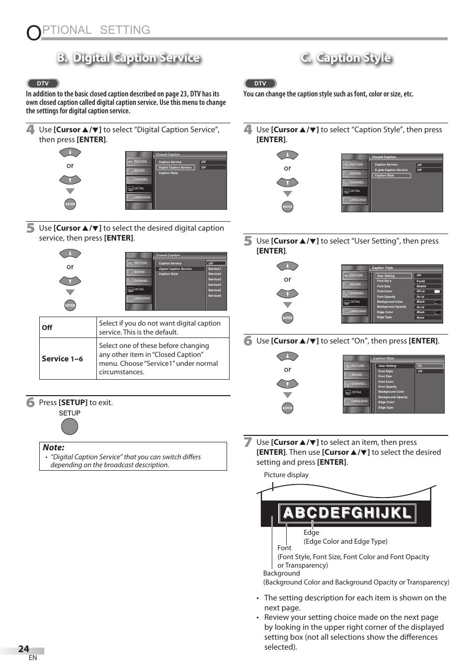 Ptional setting, B. digital caption service, C. caption style | Service, Press [setup] to exit | JVC A91F5UH User Manual | Page 24 / 40