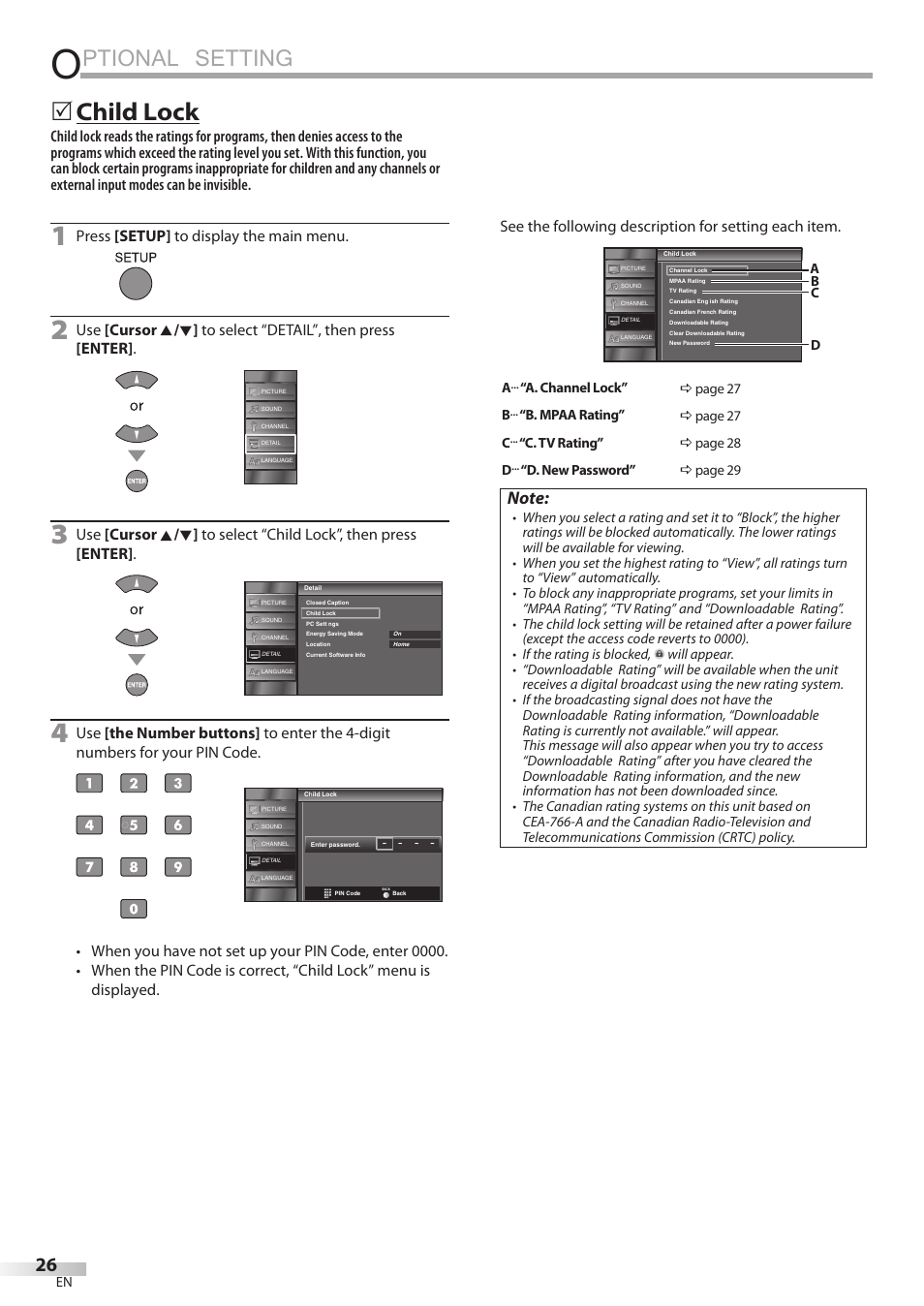 Ptional setting, 5 child lock, Press [setup] to display the main menu | JVC A91F5UH User Manual | Page 26 / 40