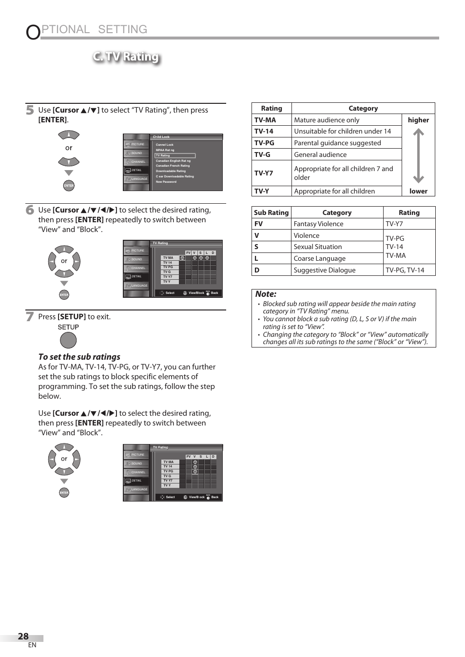 Ptional setting, C. tv rating, Press [setup] to exit | JVC A91F5UH User Manual | Page 28 / 40