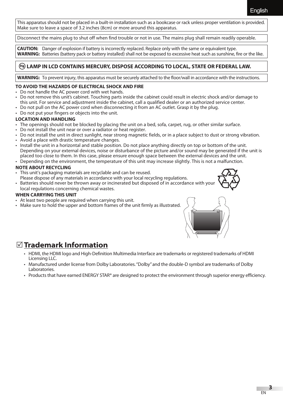 English, 5 trademark information | JVC A91F5UH User Manual | Page 3 / 40