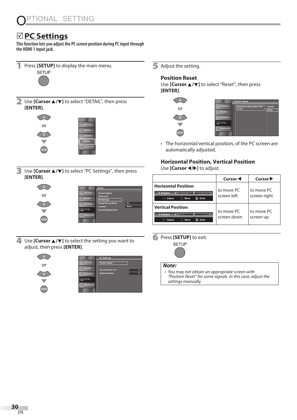 Ptional setting, 5 pc settings, Position reset | Horizontal position, vertical position, Press [setup] to display the main menu, Adjust the setting, Use [cursor s / b ] to adjust, Press [setup] to exit | JVC A91F5UH User Manual | Page 30 / 40