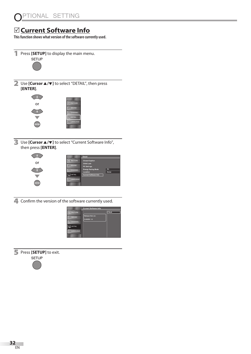 Ptional setting, 5 current software info | JVC A91F5UH User Manual | Page 32 / 40