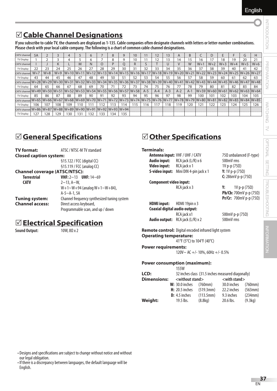 English español français, 5 general specifications, 5 electrical specification | 5 other specifications, 5 cable channel designations | JVC A91F5UH User Manual | Page 37 / 40
